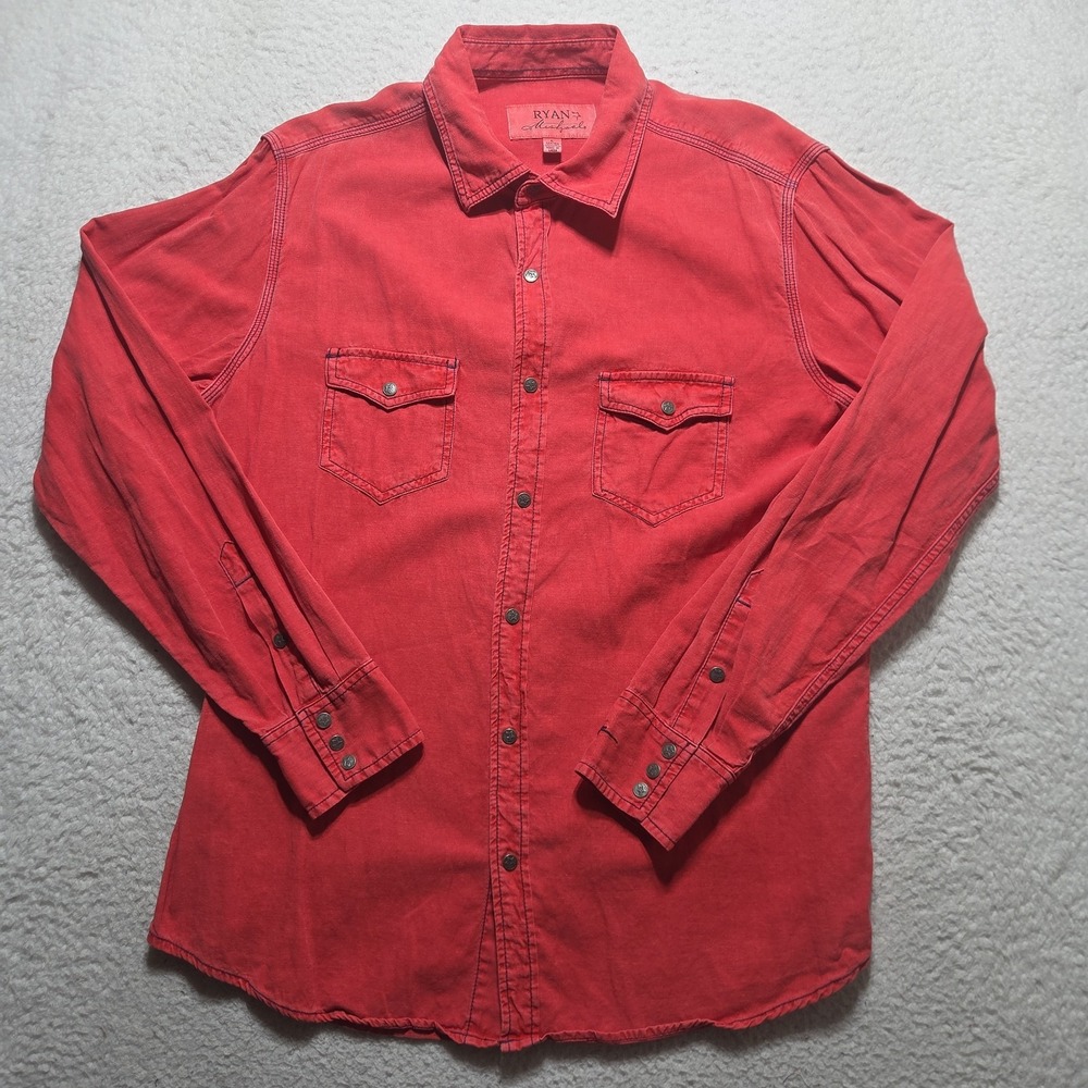 Ryan Michael Pearl Snap Shirt Women Large Red Salmon Silk Blend Embroidered